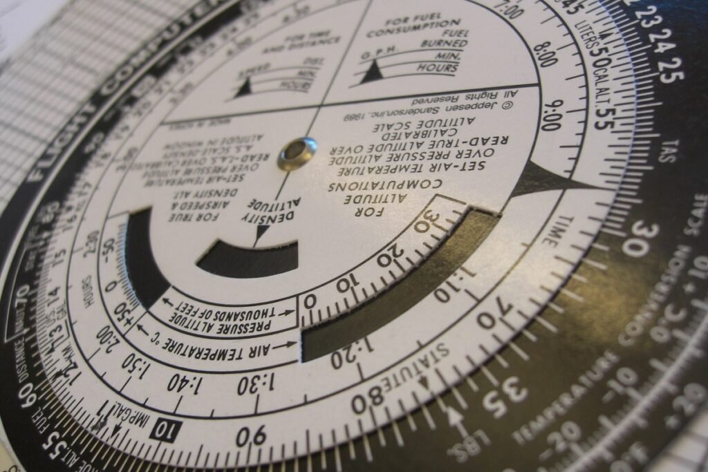 Close-up of an E6B flight computer showing altitude, airspeed and fuel scales
